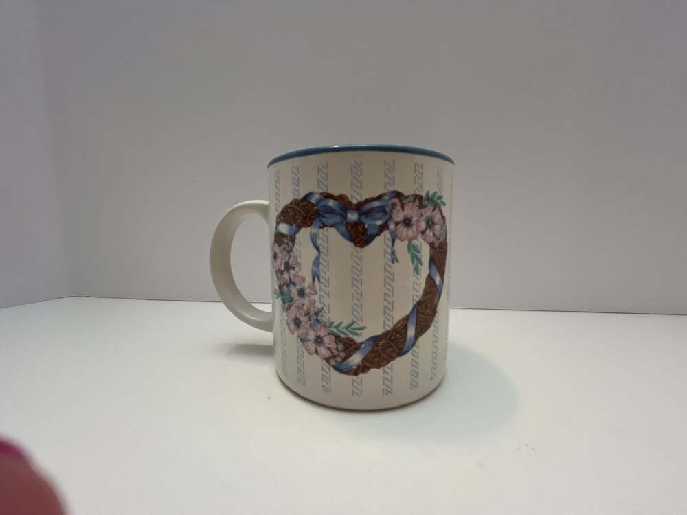 K.I.C. Vintage Heart Wreath Coffee Mug with Floral and Blue Ribbon Detail